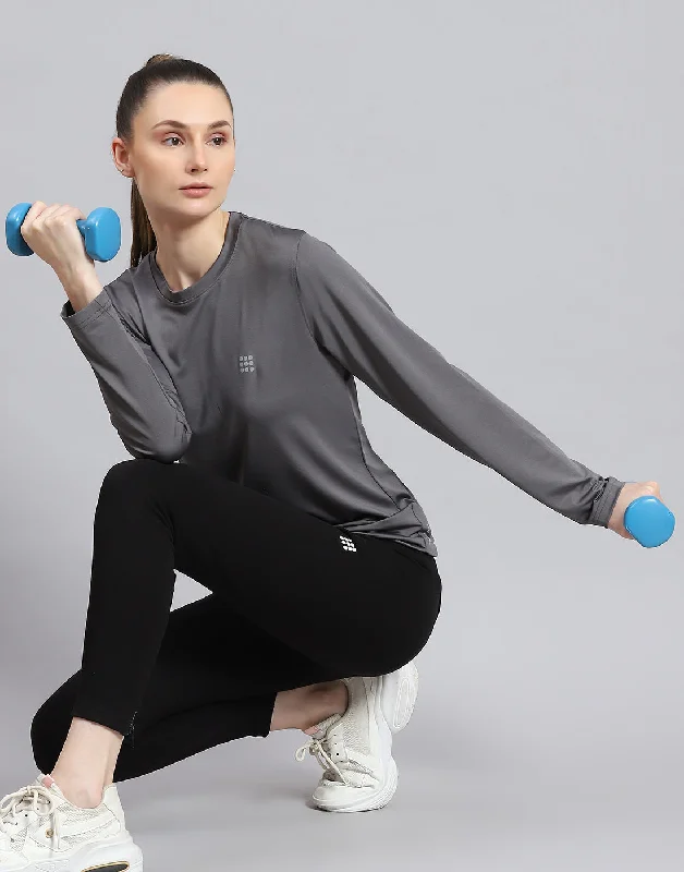 Women Grey Solid Round Neck Full Sleeve Top Confident Women's High - fashion