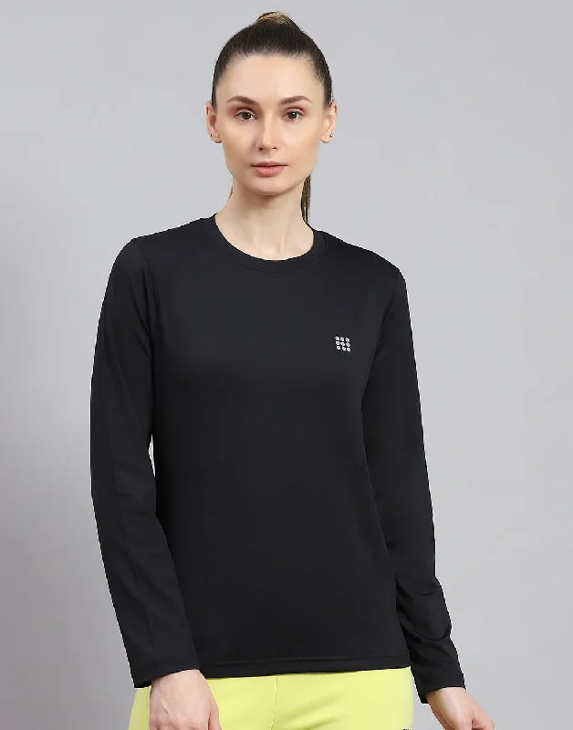 Women Black Solid Round Neck Full Sleeve Top Athletic Women's 