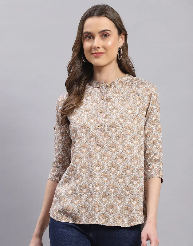 Women Brown Printed Mandarin Collar 3/4 Sleeve Top