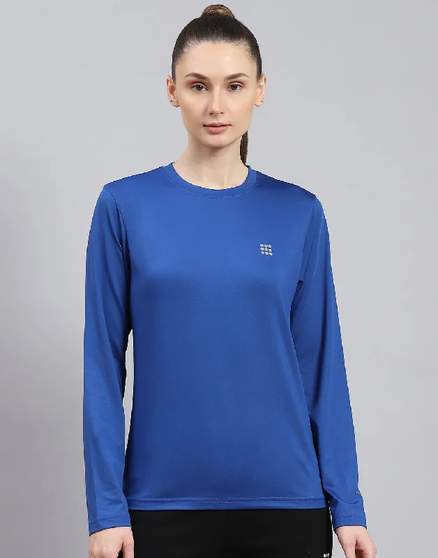 Women Blue Solid Round Neck Full Sleeve Top Classic Women's Pin - striped