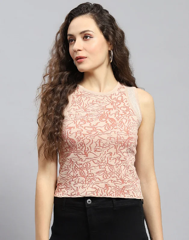 Women Pink Printed Round Neck Sleeveless Top