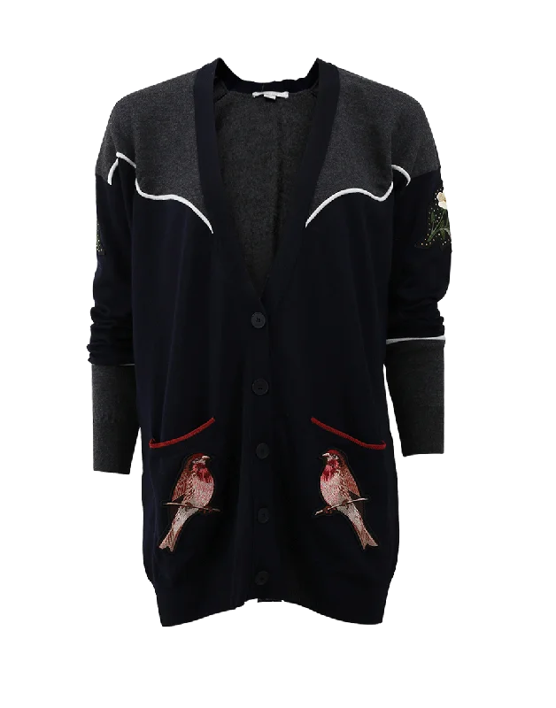 Bird Embroidered Cardigan Monochromatic Office Style