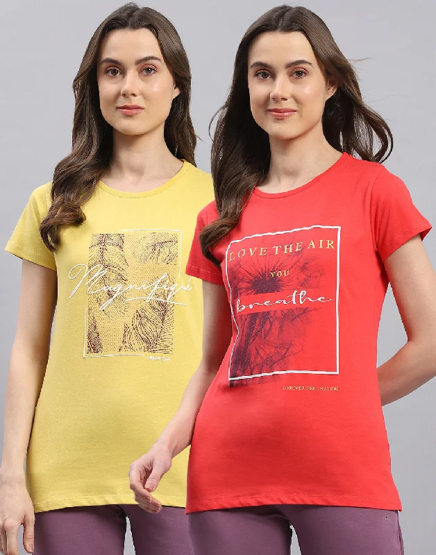 Women Red & Yellow Printed Round Neck Half Sleeve Top 2 Pc Set