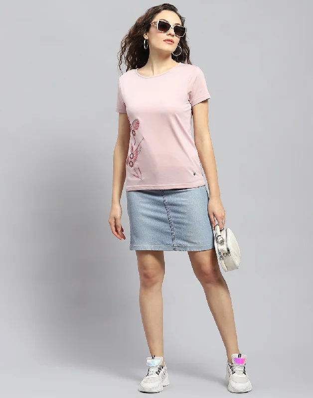 Women Pink Embellished Round Neck Half Sleeve Top