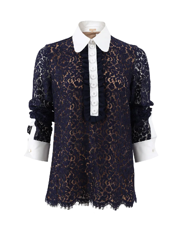 Ruffle Front Lace Henley Blouse Business