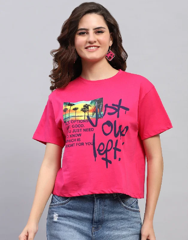 Women Magenta Printed Round Neck Half Sleeve Top