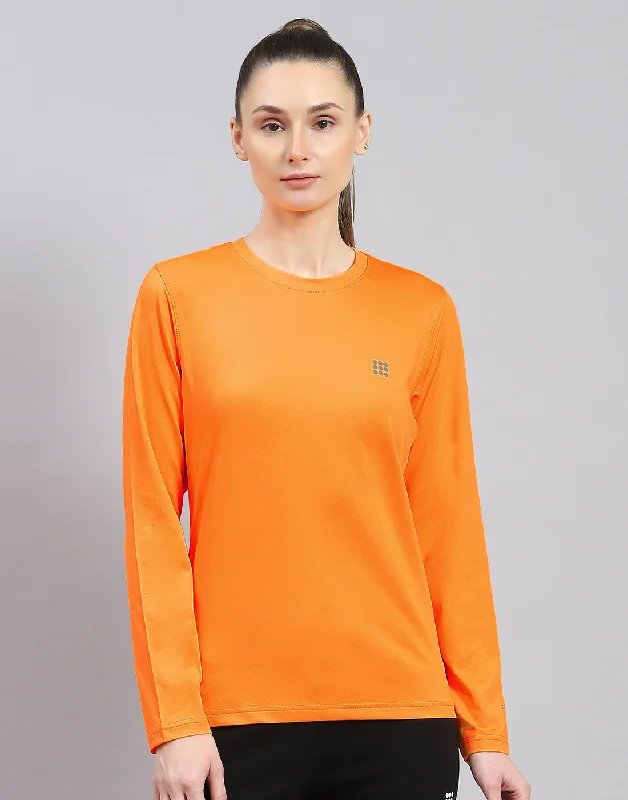 Women Orange Solid Round Neck Full Sleeve Top Bold Women's Animal Print