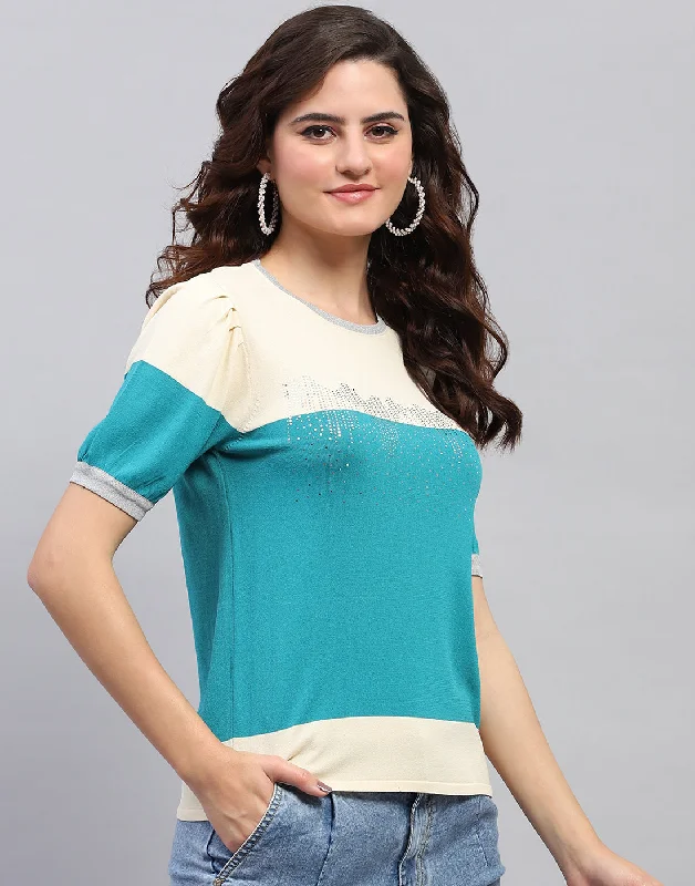 Women Cream Colourblocked Round Neck Half Sleeve Top