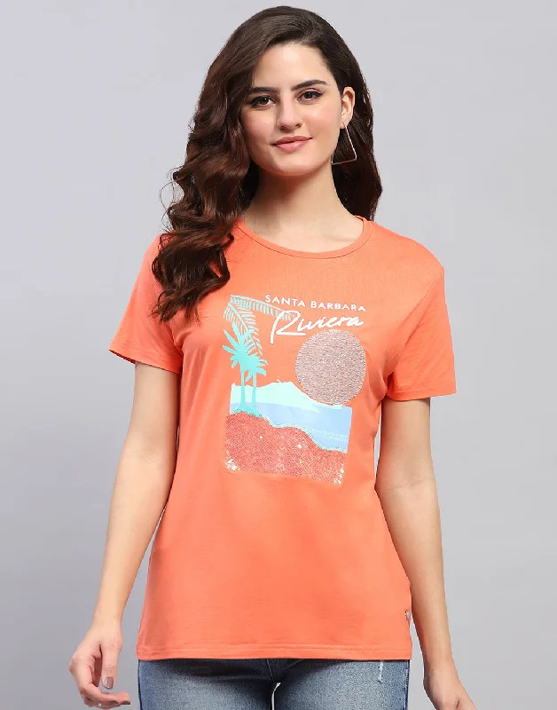 Women Orange Printed Round Neck Half Sleeve Top