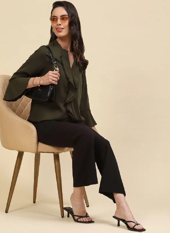 Women Olive Plain Top Sophisticated Women's Tailored