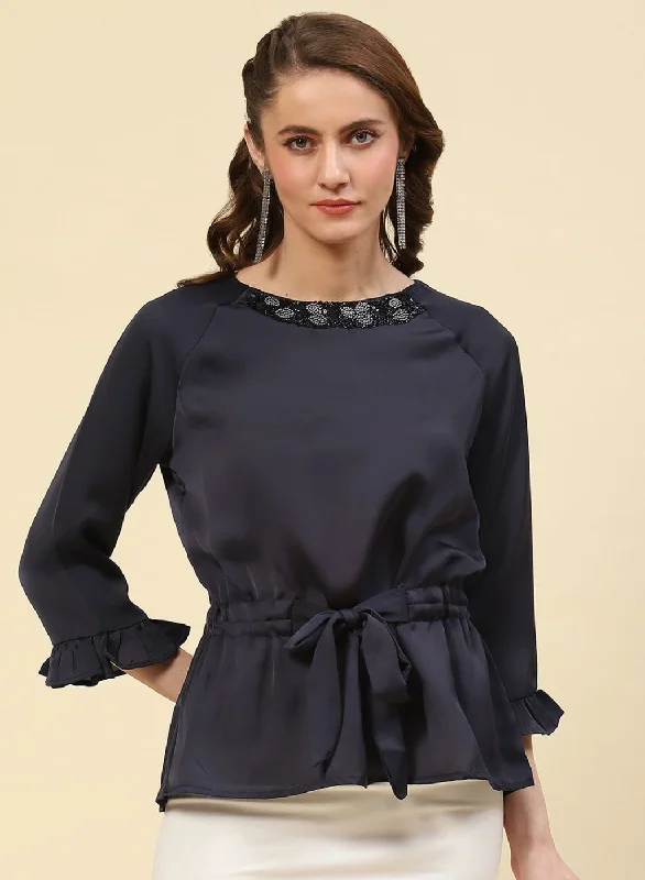 Women NAvy Blue Plain Top Modern Women's Tech