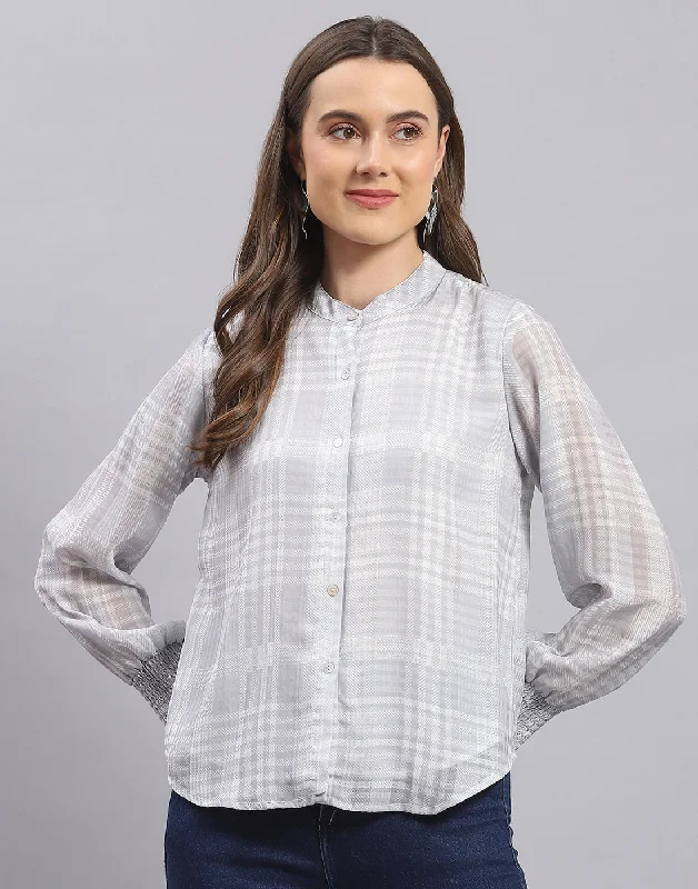 Women Grey Check Mandarin Collar Full Sleeve Top