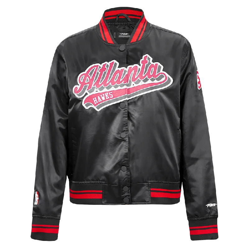 NBA ATLANTA HAWKS SCRIPT TAIL WOMEN'S SATIN JACKET (BLACK/RED/BLACK) Refined Women's Classic NBA ATLANTA HAWKS SCRIPT TAIL WOMEN'S SATIN JACKET (BLACK/RED/BLACK) Refined Women's Classic