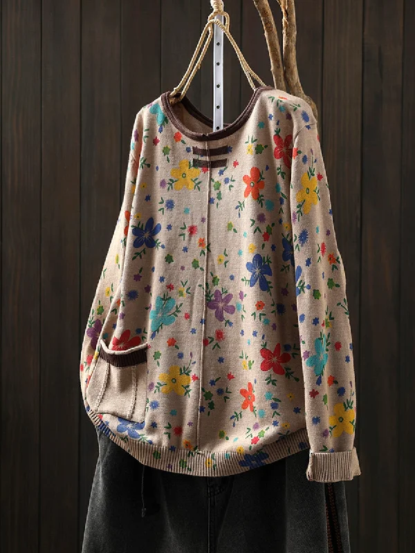 Babakud Women Autumn Retro Floral Printed Cotton Knitted Sweater with Pocket Hip Women's Urban Babakud Women Autumn Retro Floral Printed Cotton Knitted Sweater with Pocket Hip Women's Urban