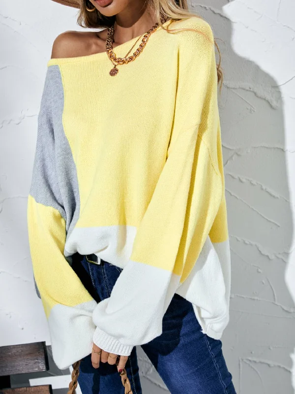 Color Block Balloon Sleeve Boat Neck Sweater Bohemian Women's Free