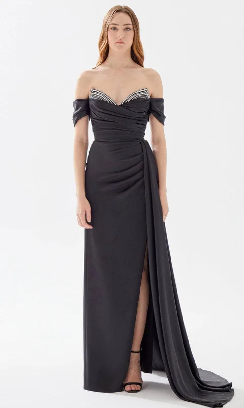 Tarik Ediz 52009 - V-Neck Ruched Satin Prom Gown Sleek Women's Metallic