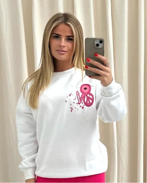 Pink Evil Eye, Peace, Heart Graffiti Sweatshirt White Business