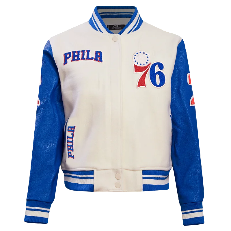 NBA PHILADELPHIA 76ERS RETRO CLASSIC WOMEN'S RIB WOOL VARSITY JACKET (EGGSHELL/ROYAL BLUE)