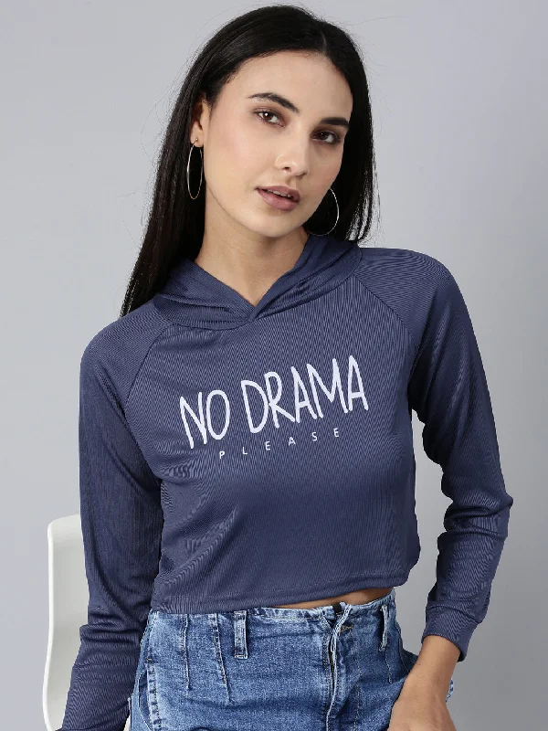 Women Navy Blue Typographic Crop Boxy Tshirt