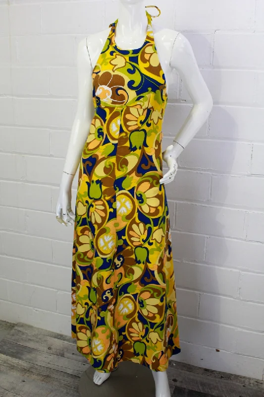 Vintage 1970s Floral Halter Dress, Blue and Green Flower Print, XS Relaxed Women's 