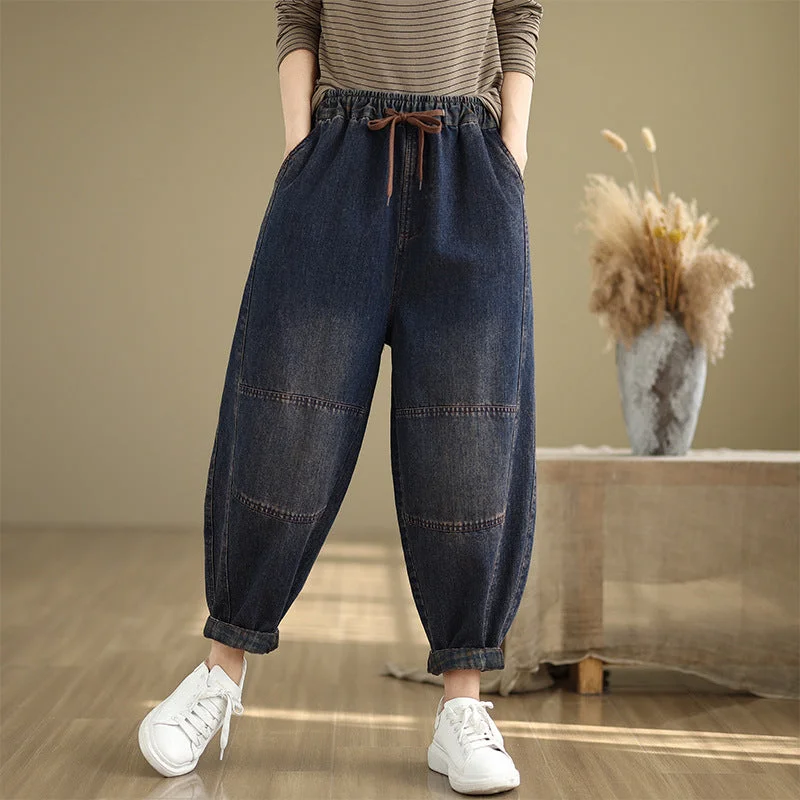 Babakud Women Autumn Solid Color Casual Denim Lace-up Harem Pants Streetwear Style for Babakud Women Autumn Solid Color Casual Denim Lace-up Harem Pants Streetwear Style for