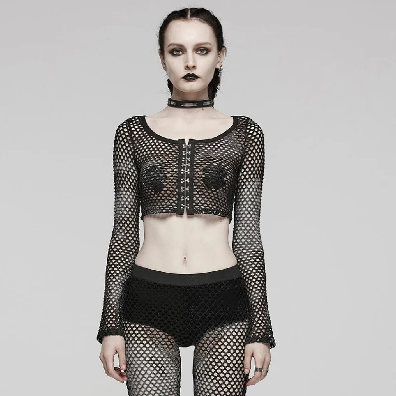 Women's Punk Mesh Tie-dyed Long Sleeved Crop Top Black Elegant Women's 