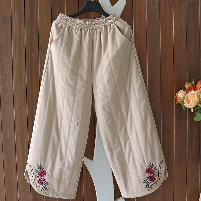 Women Winter Quilted Embroidered Warm Cotton Linen Straight-Leg Pants