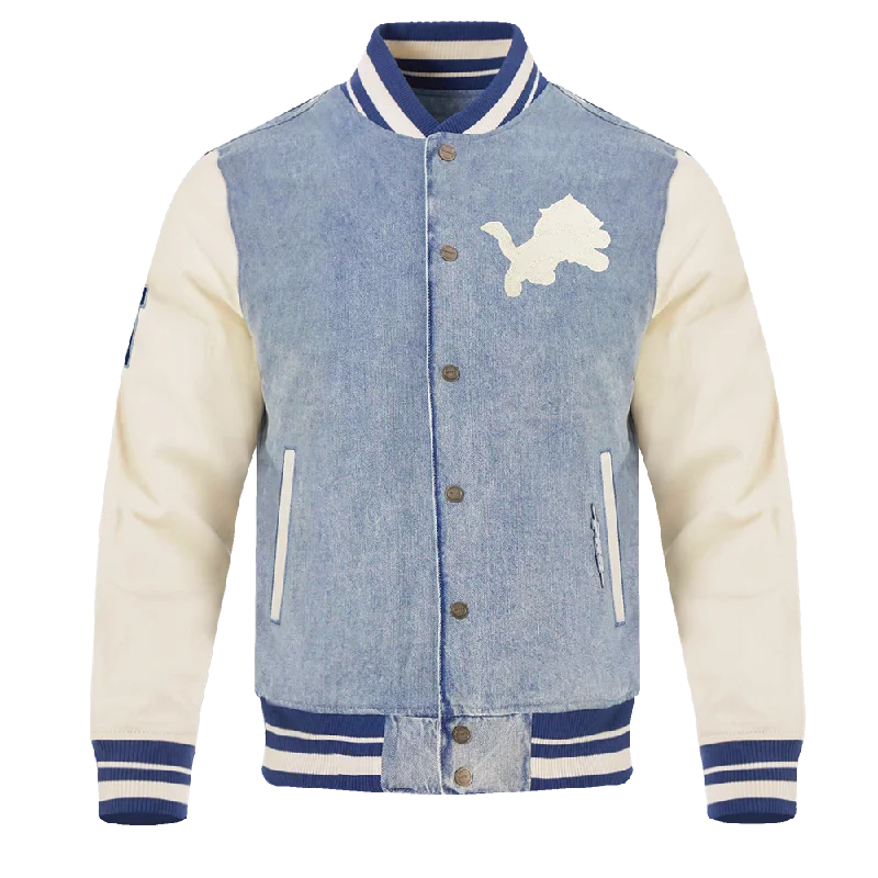 NFL DETROIT LIONS VARSITY BLUES MEN'S DENIM VARSITY JACKET (DENIM/LINEN) Disco