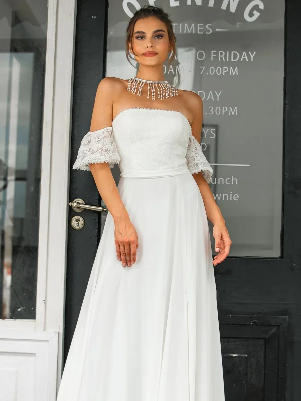 A Line Chiffon Strapless Wedding Dress Straight Neck Slit Cool Women's Skate