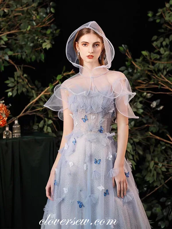 Light Blue Butterfly Applique Glitter Tulle Strapless Prom Dresses With hood Cloak, CP0978 Monochromatic All - in - one