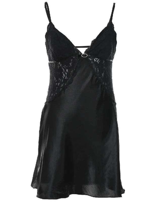 Classic Black Silky Lace Trim Slip Dress - XS Preppy Women's College