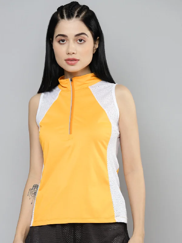 Fitkin Women Yellow & White Colourblocked High Neck T-shirt purpose