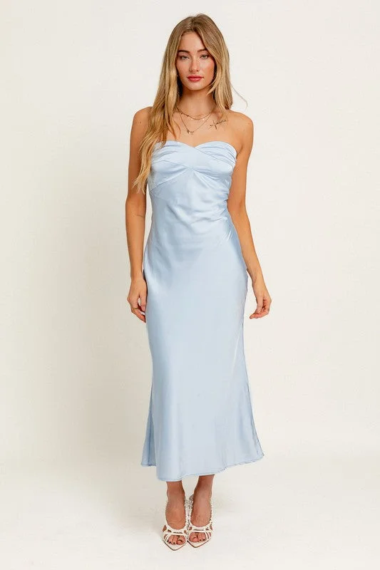 Satin Sky Strapless Midi Dress