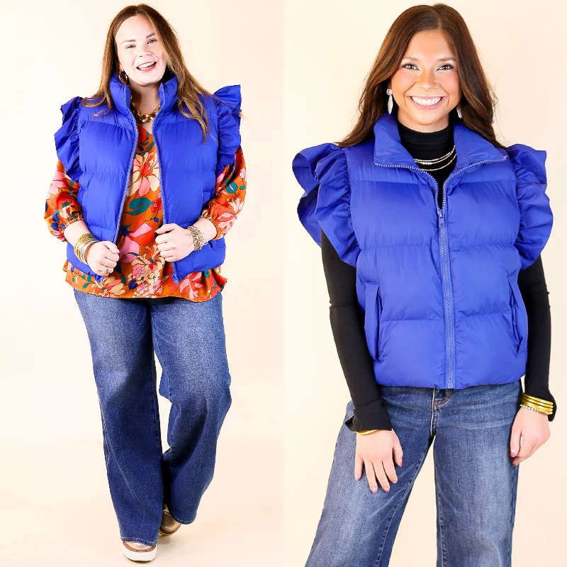 All Season Long Ruffle Sleeve Puffer Vest in Royal Blue British Gentlewoman Style