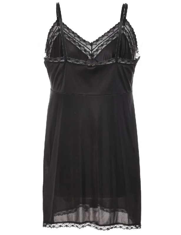 Classic Black 1990s Lace Trim Slip Dress - L Confident Women's High - fashion