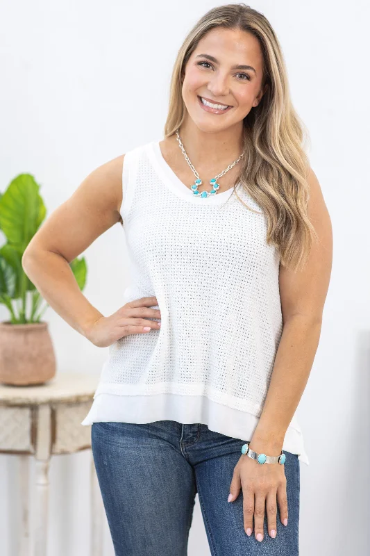 Off White Scoop Neck Waffle Flowy Knit Top Modern Women's Tech
