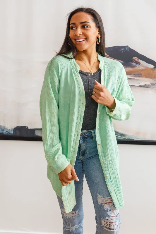 Corey Button Up Top In Vintage Green Casual Women's Loose - fitting