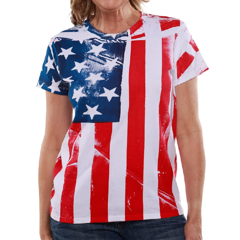 Women's American Flag Hand Silk Screen T-shirt Bold Women's Animal Print