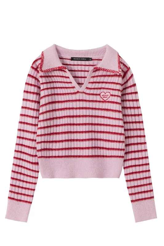 BerryBetty - V Neck Lapel Strped Sweater Elegant Women's 