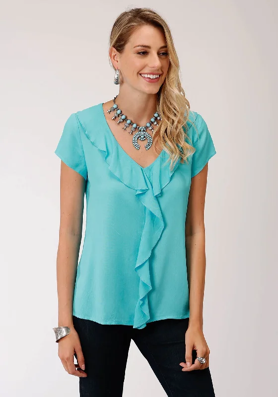 Roper Womens Aqua Blue Rayon/Nylon V-Neck Ruffle S/S Tunic Stylish Women's Neon