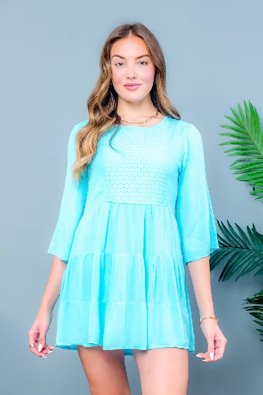 3/4 Sleeve Round Neck Bohemian Mini Dress With Lining (1087) Traditional Women's 