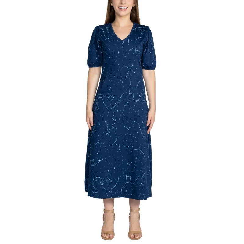Constellations Glow-in-the-Dark Navy Long Midi Dress (With Waist Seam) Stylish Women's Neon