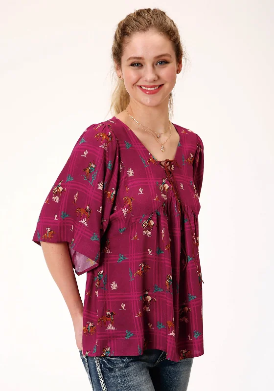 Roper Womens Red Rayon/Nylon Retro Cowboys S/S Blouse Dynamic Women's Moto