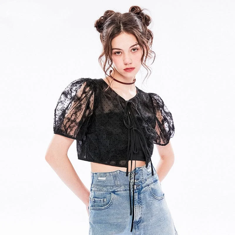 Women's Vintage Dot Puff Sleeved Short Lace Top Rugged Women's Outdoor 