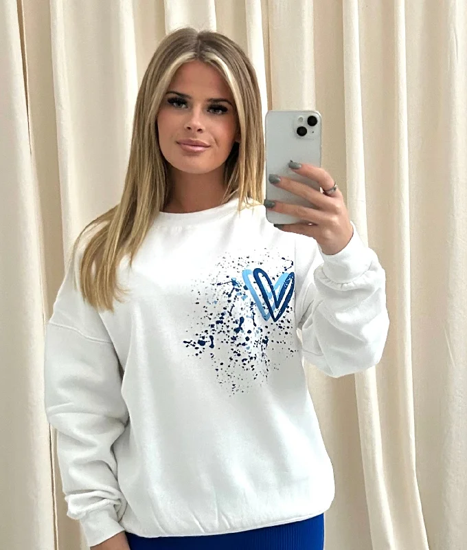 Royal Blue Heart Graffiti Sweatshirt White Artistic Women's Avant - 