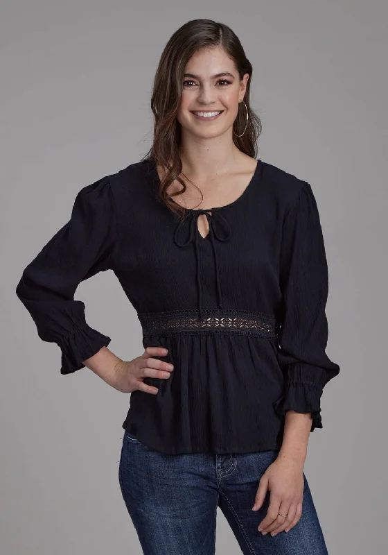 Roper Womens Lace Insert Keyhole Black 100% Rayon 3/4 Sleeve S/S Blouse Casual Women's Loose - fitting