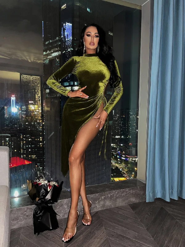Plain Split Thigh Long Sleeve Stand Collar Slit Natural Midi Womens Dress Dynamic Women's Moto