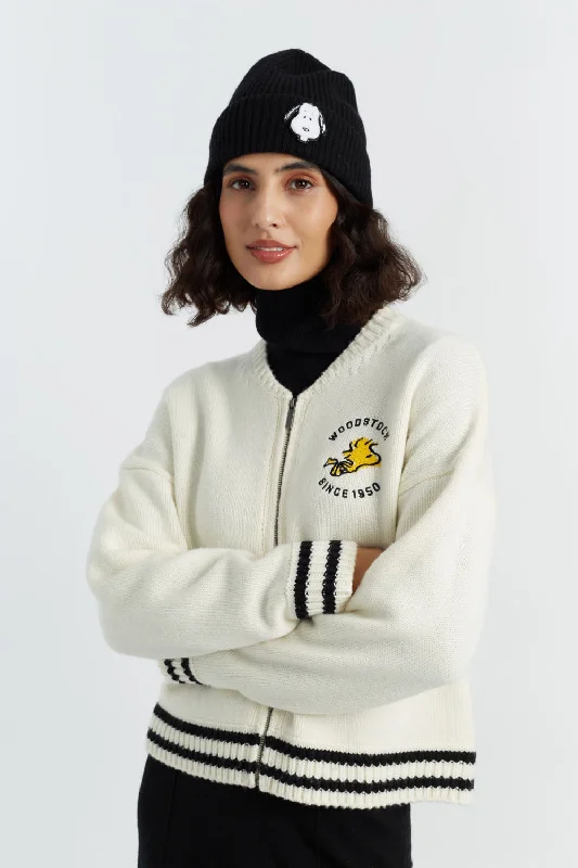 Cream Wool-Cashmere Snoopy Bomber Jacket Classic Women's Tweed