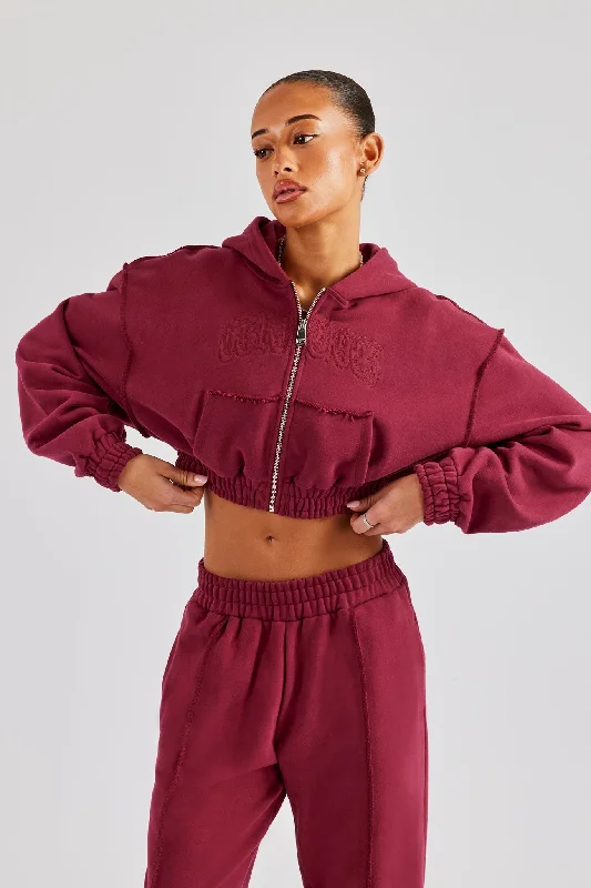 Cropped Exposed Seam  Zip Through Hoodie - Cherry Red