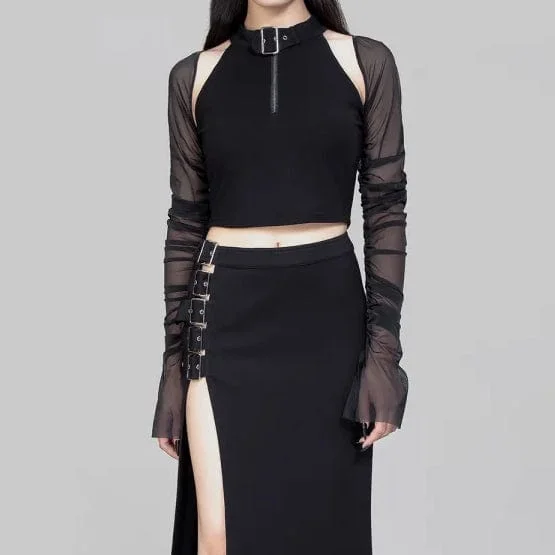 Women's Punk Cutout Mesh Splice Crop Top Relaxed Women's 